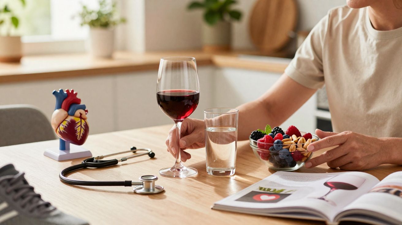 Pessoa segurando copo de vinho tinto com bowl de frutos vermelhos, castanhas, água, estetoscópio e modelo de coração na mesa.
