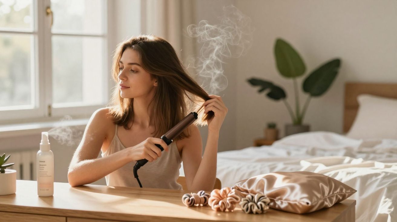 Mulher a alisar o cabelo com prancha num quarto iluminado, com acessórios de cabelo na mesa.
