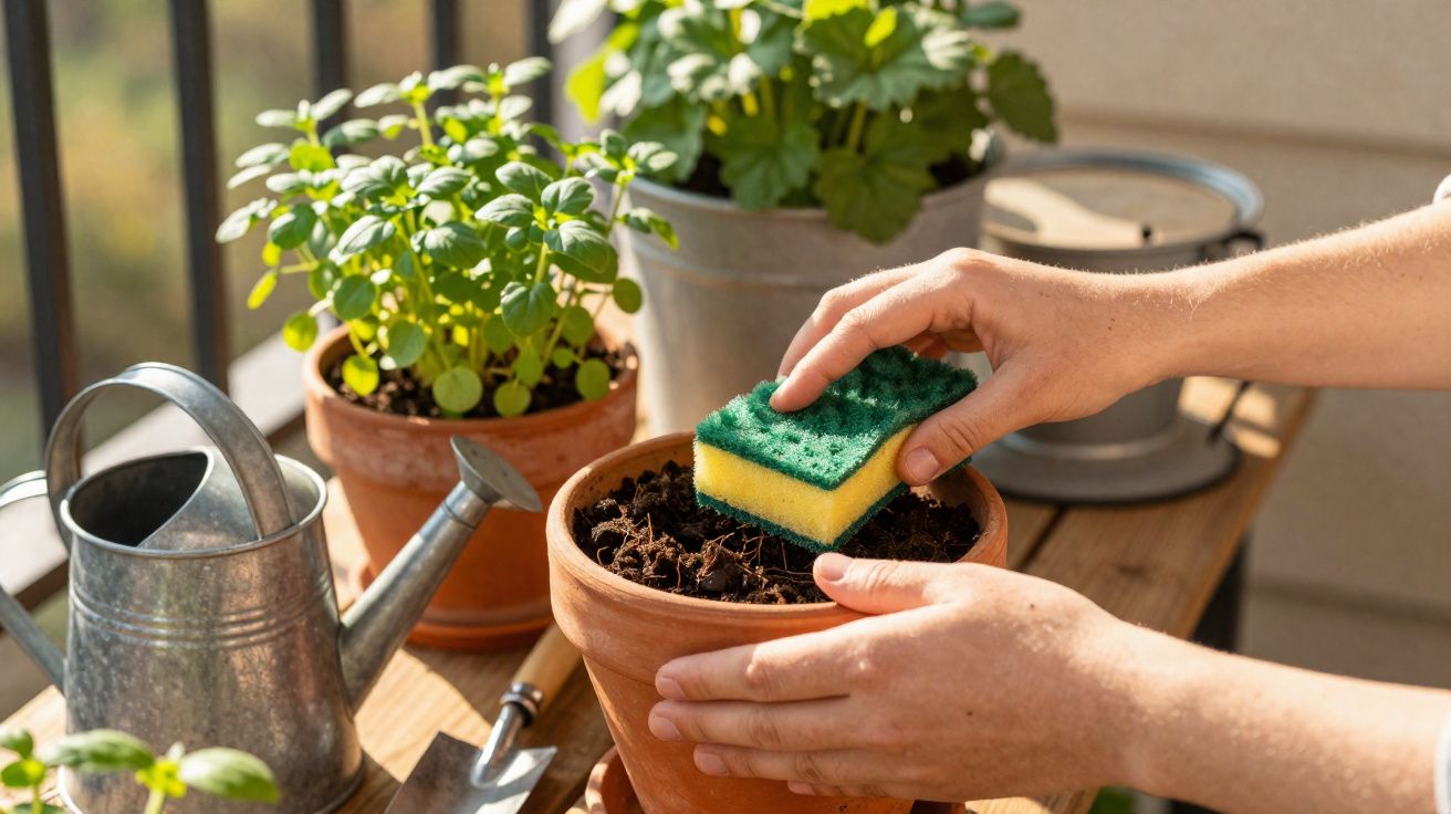 Mãos a limpar terra de vaso de plantas com esponja num jardim com regador metálico e plantas verdes.