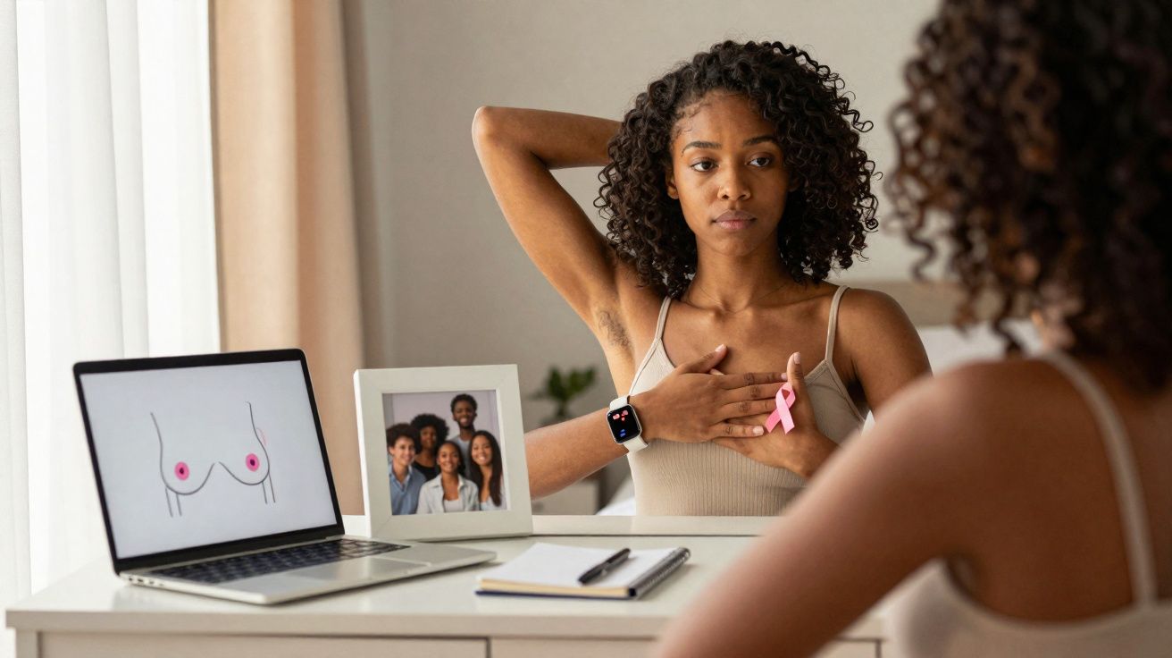 Mulher com fita rosa realiza autoexame da mama em frente a espelho no quarto com laptop e foto de família.