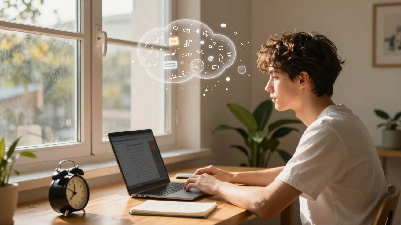 Jovem a trabalhar num computador portátil junto a uma janela com ícones digitais flutuantes à frente.