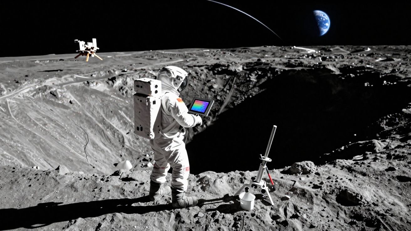Astronauta na superfície lunar com Terra visível no horizonte e equipamento científico à frente.
