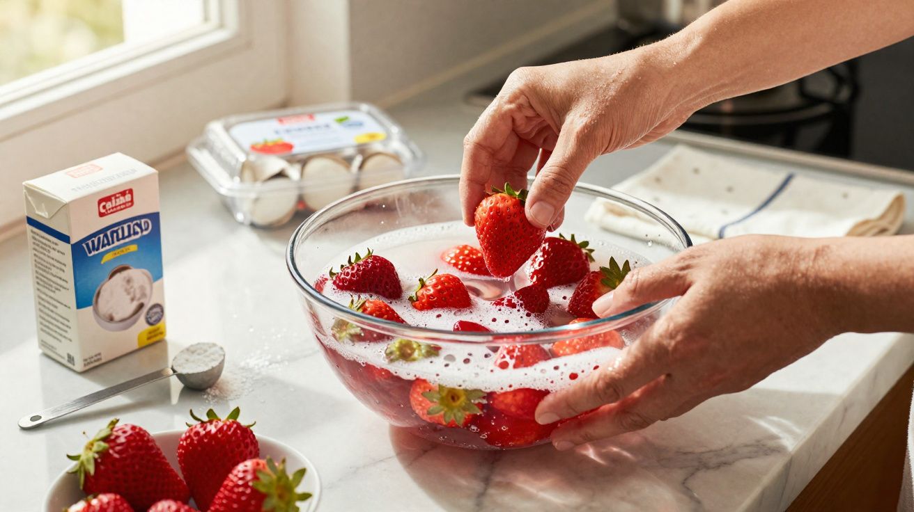 Mãos a lavar morangos num recipiente com água e bicarbonato numa bancada de cozinha.
