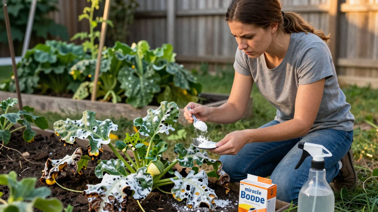 Mulher aplica bicarbonato de sódio em planta com folhas danificadas no jardim.