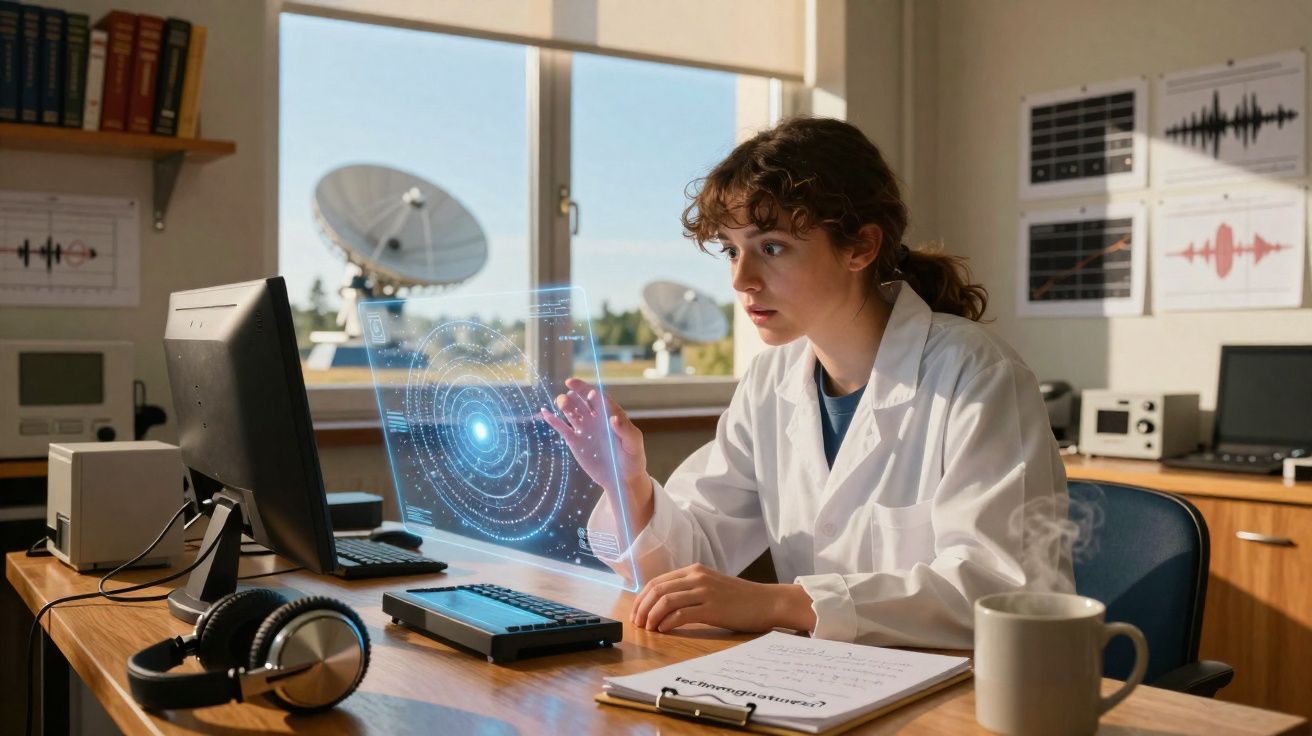 Mulher cientista em bata branca analisa dados holográficos num escritório com equipamento tecnológico.