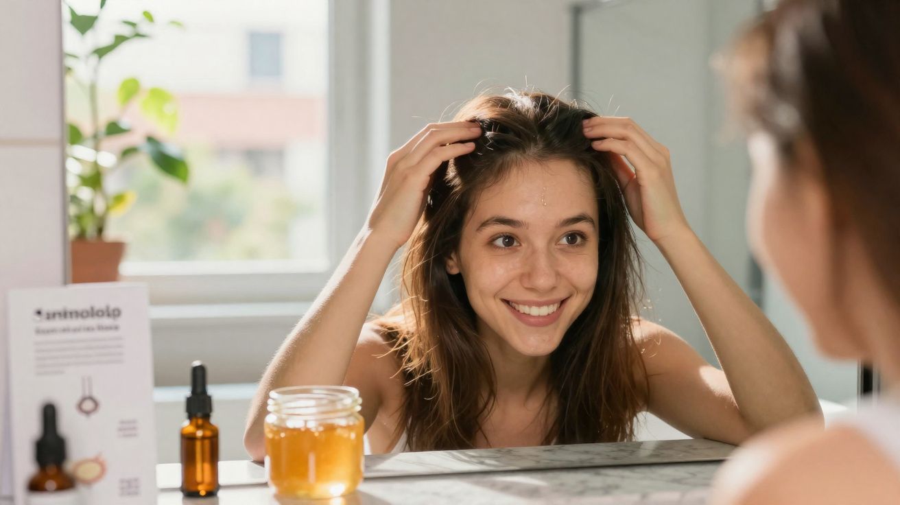 Mulher sorridente a olhar para o espelho enquanto toca no cabelo, com frascos de produtos de cuidado capilar à sua frente.