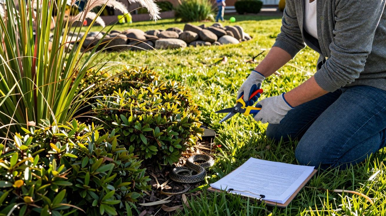 Pessoa de luvas a aparar plantas num jardim onde se esconde uma cobra enrolada na relva.