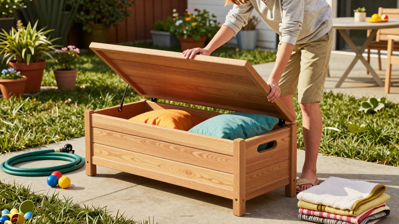 Pessoa a abrir um baú de madeira no jardim com almofadas coloridas e toalhas dobradas ao lado.