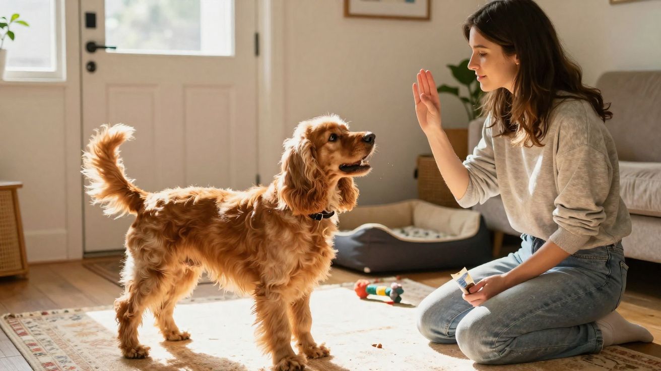 Mulher a treinar cão castanho dentro de casa, levantando a mão para comando num ambiente iluminado.