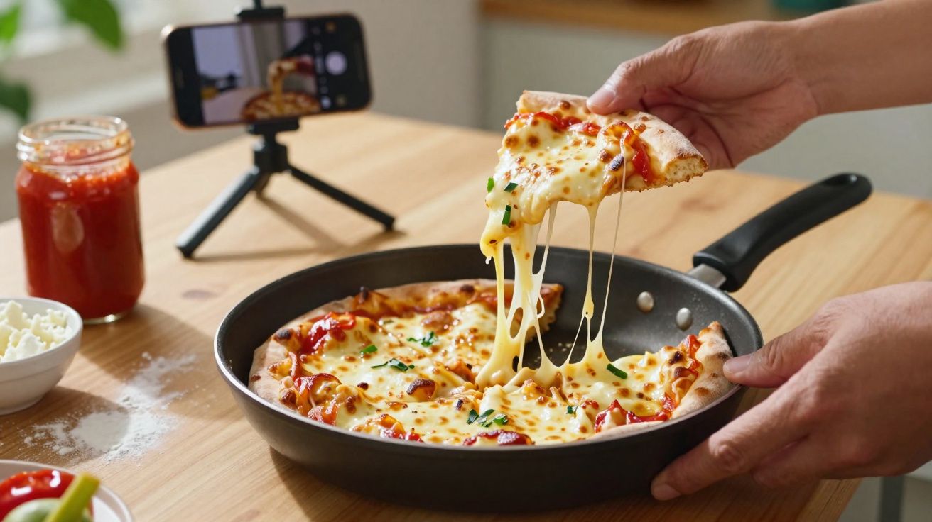 Pizza com queijo derretido a ser levantada numa frigideira preta sobre uma mesa de madeira.