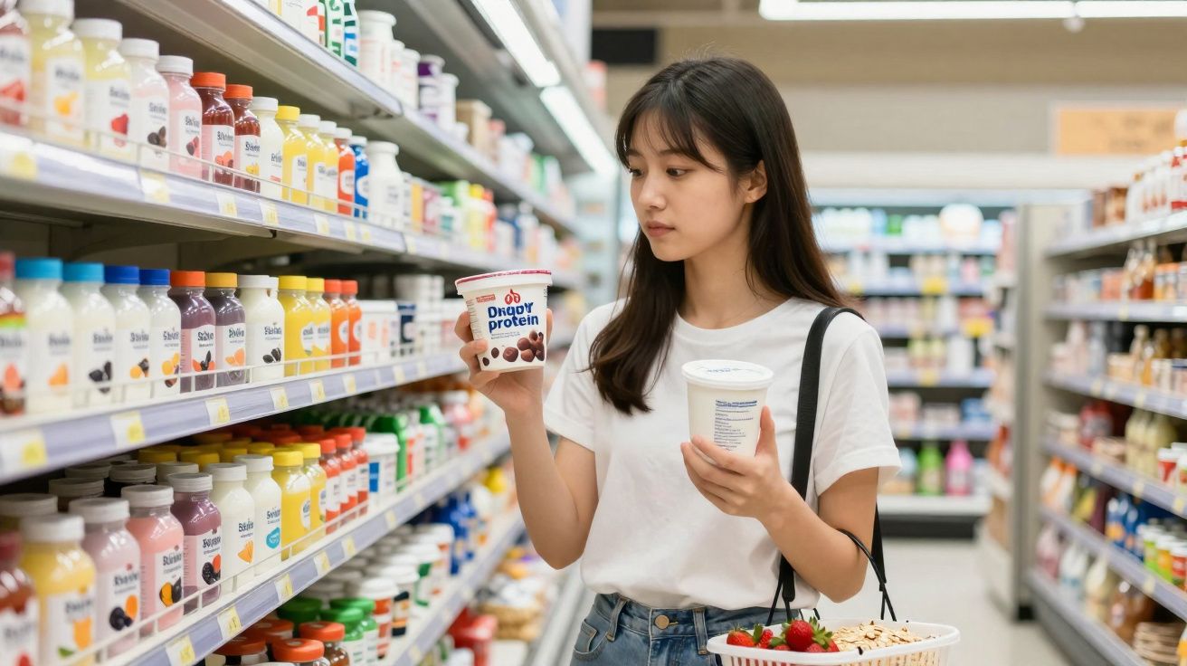 Jovem em supermercado comparando dois iogurtes na mão enquanto segura cesta com frutas e barrinhas.
