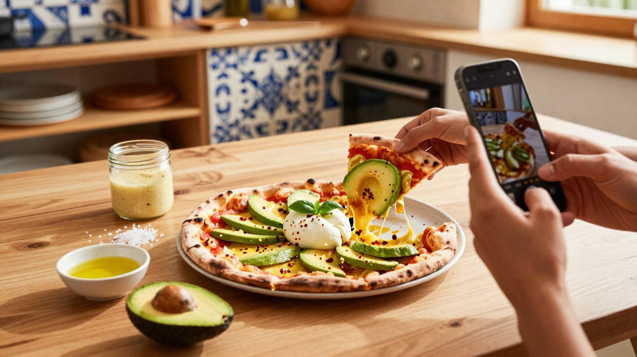 Pessoa a tirar foto de pizza com abacate e burrata numa cozinha com azulejos tradicionais portugueses.
