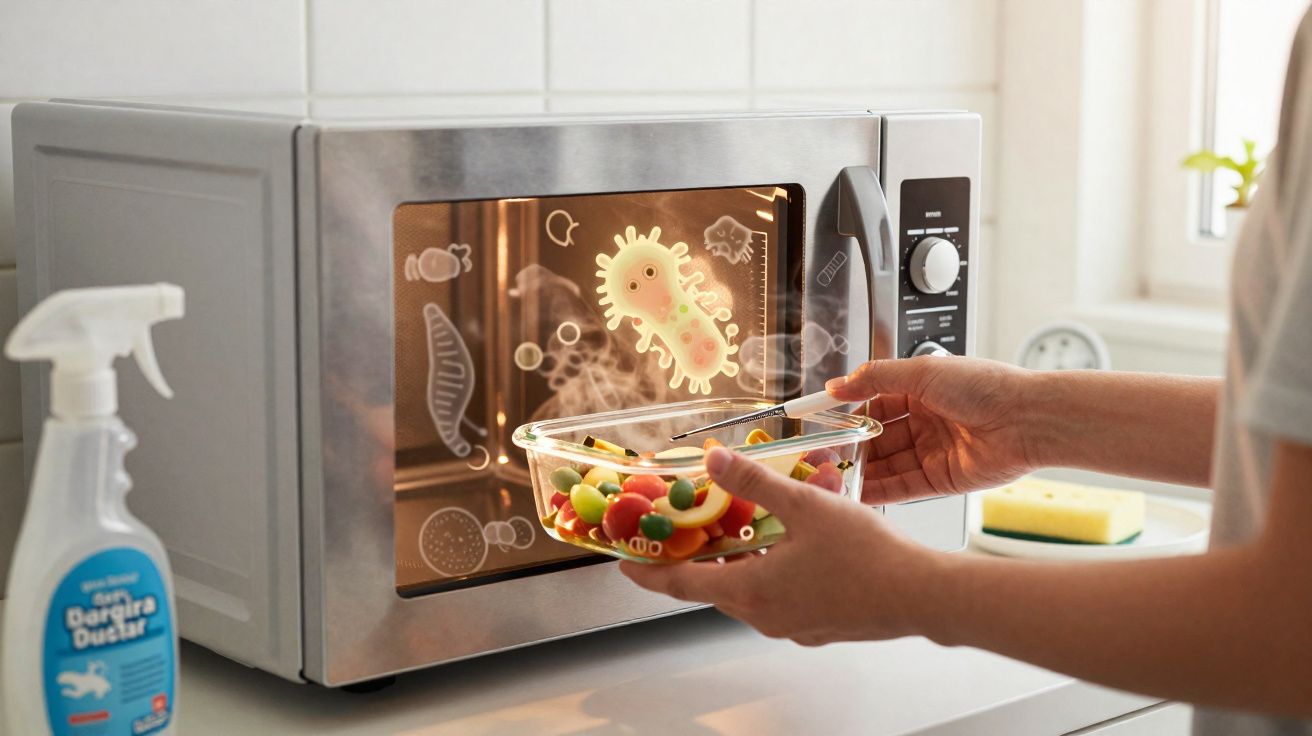 Pessoa a colocar recipiente com salada no micro-ondas, com ilustrações de bactérias visíveis na porta.