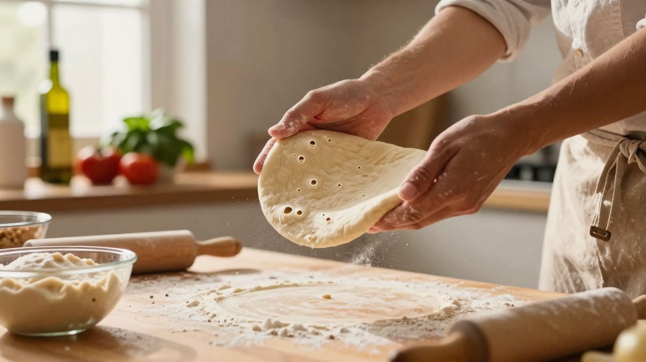 Pessoa a esticar massa de pão num balcão de cozinha com farinha espalhada e rolos de massa.