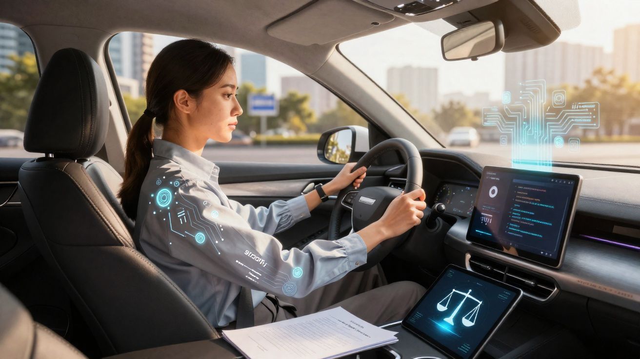 Mulher conduzindo carro com tecnologia digital e hologramas de dados no interior moderno.