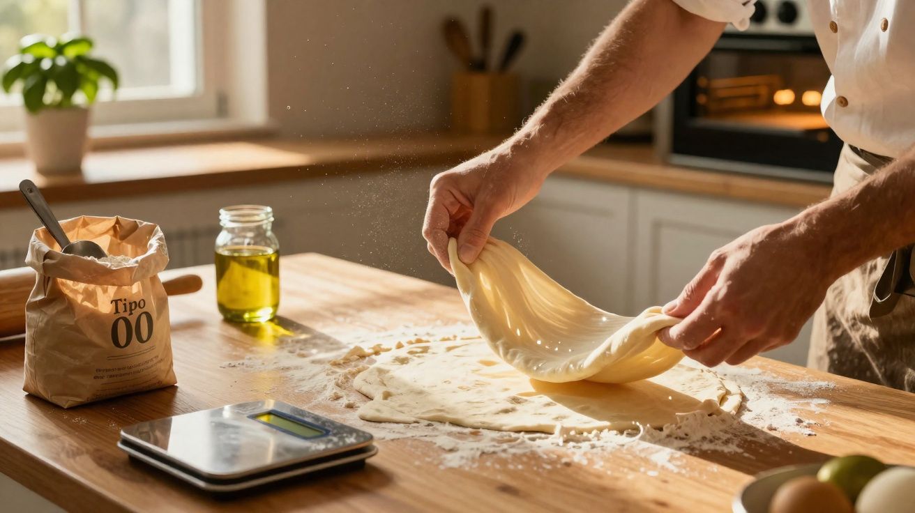 Pessoa a esticar massa de pizza numa cozinha com farinha, azeite e balança sobre a mesa de madeira.