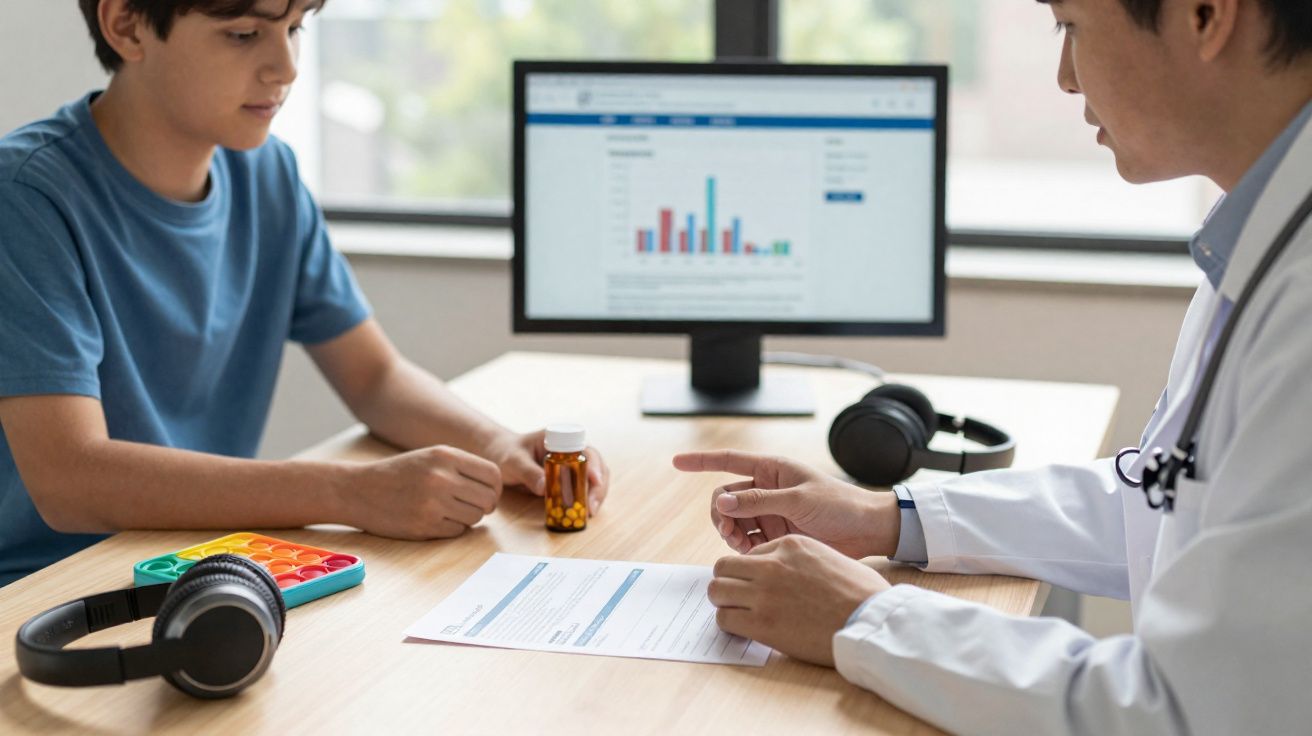 Médico a explicar receita a um rapaz sentado à mesa com comprimidos e auscultadores à sua frente.