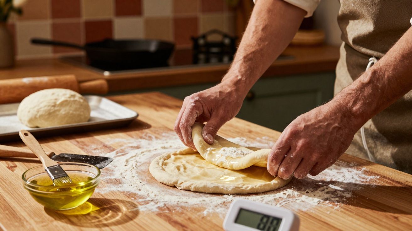 Pessoa a preparar massa de pizza numa cozinha, com massa, azeite e termómetro à vista.