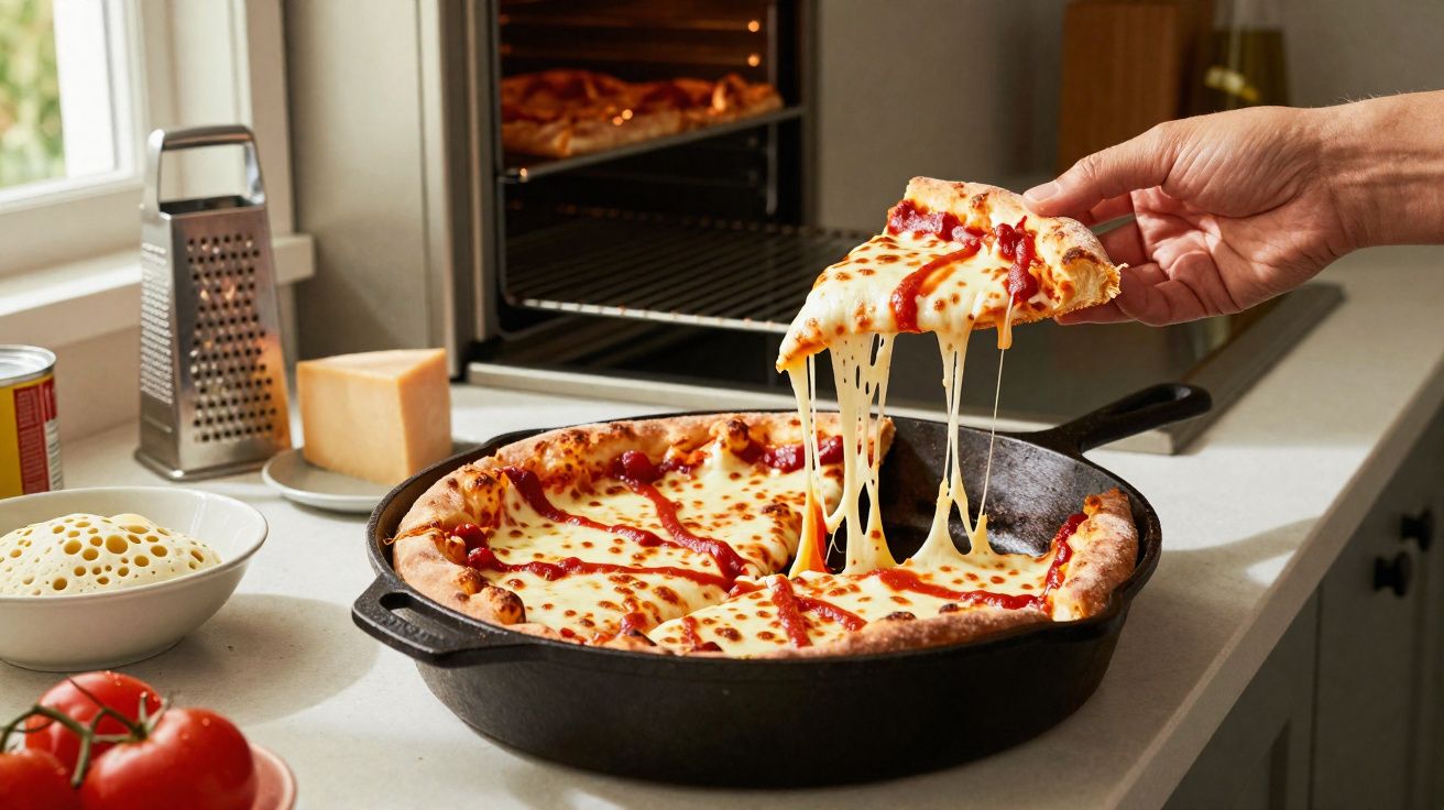 Pessoa a levantar fatia de pizza de queijo derretido e molho de tomate numa frigideira preta.