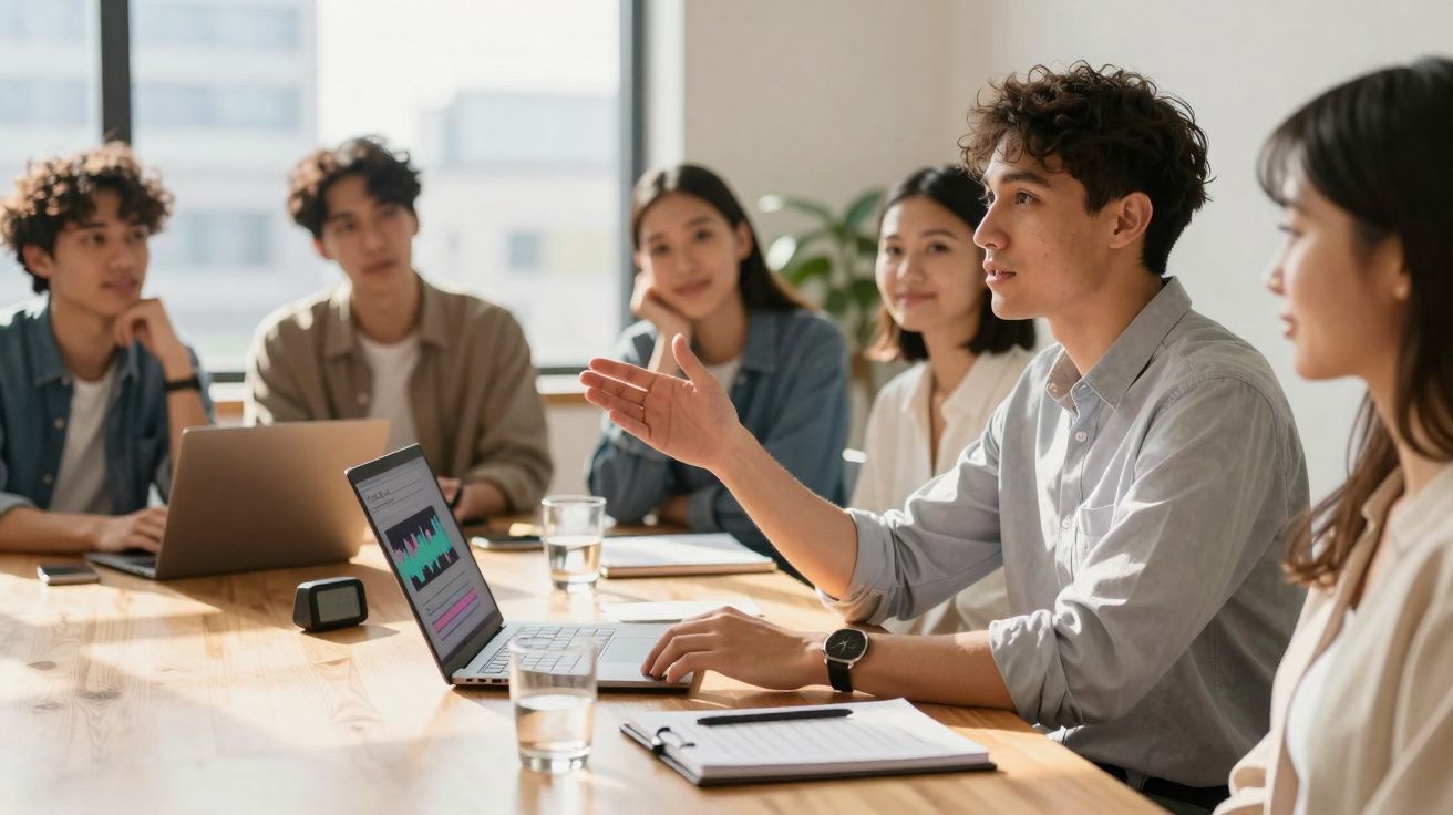 Grupo de jovens em reunião de trabalho, com um a apresentar dados num computador portátil.