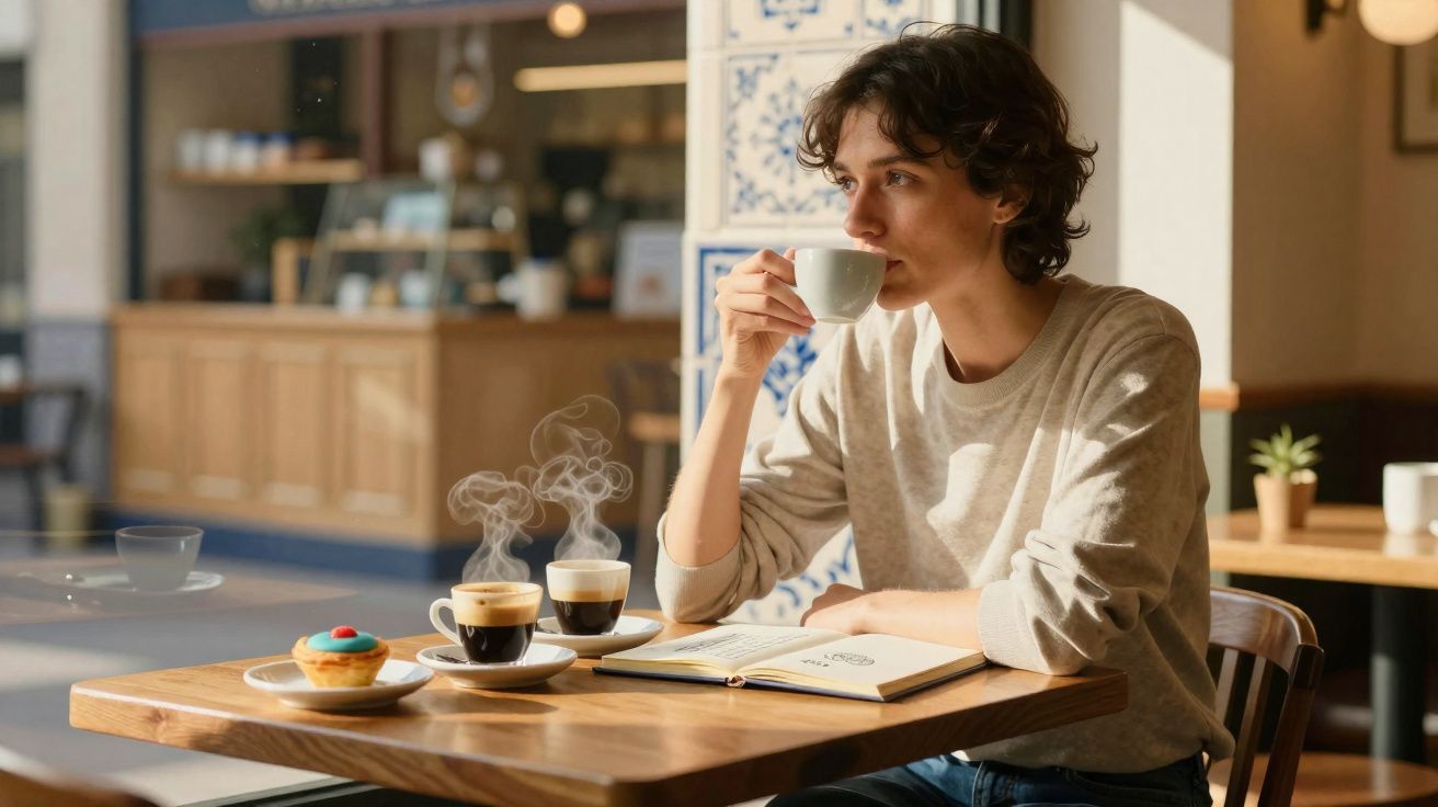 Pessoa a beber café num café com bolos e cadernos na mesa iluminada pela luz natural.