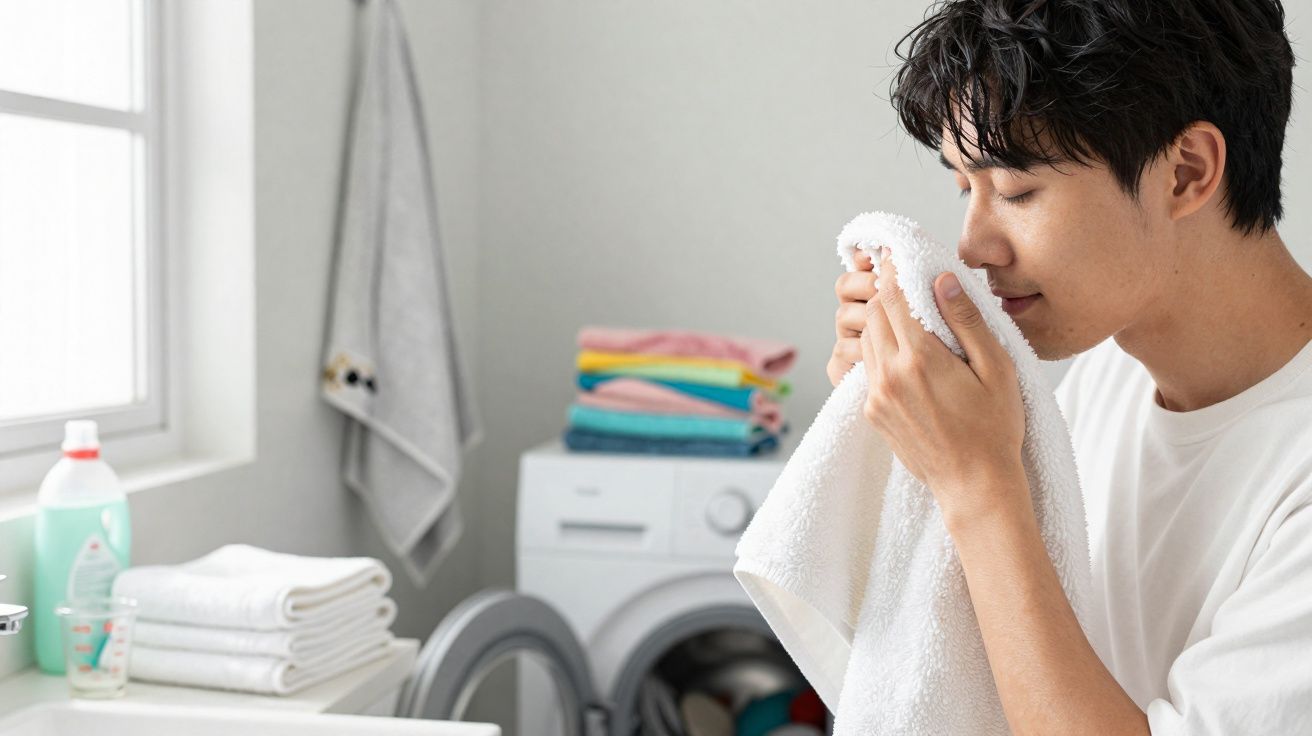 Homem cheira uma toalha branca fresca junto a uma máquina de lavar roupa na lavanderia.