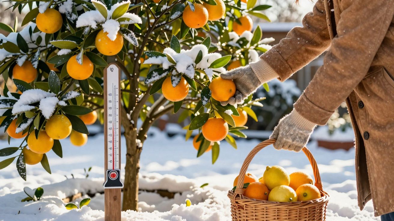 Pessoa a colher laranjas de uma árvore com neve e termómetro a mostrar temperaturas negativas.