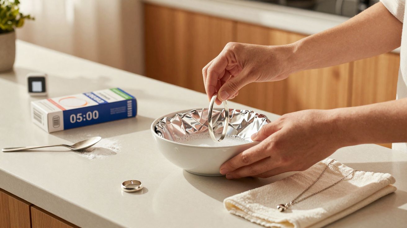 Mãos mergulham um anel em solução dentro de uma taça com alumínio para limpeza caseira.