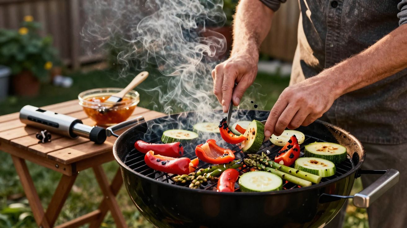Pessoa a grelhar legumes variados num churrasco ao ar livre, com fumos a subir da grelha.