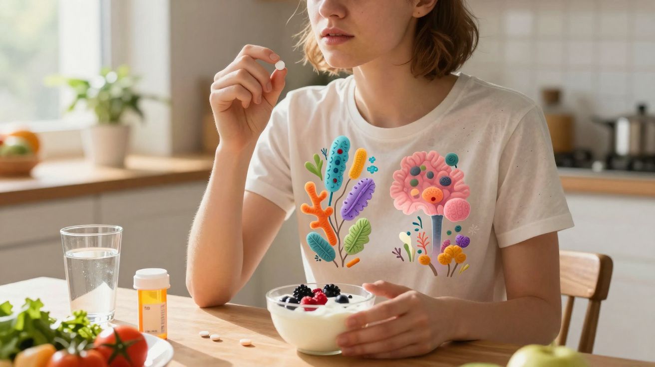 Mulher a tomar comprimido com copo de água e tigela de iogurte com frutos vermelhos na cozinha.