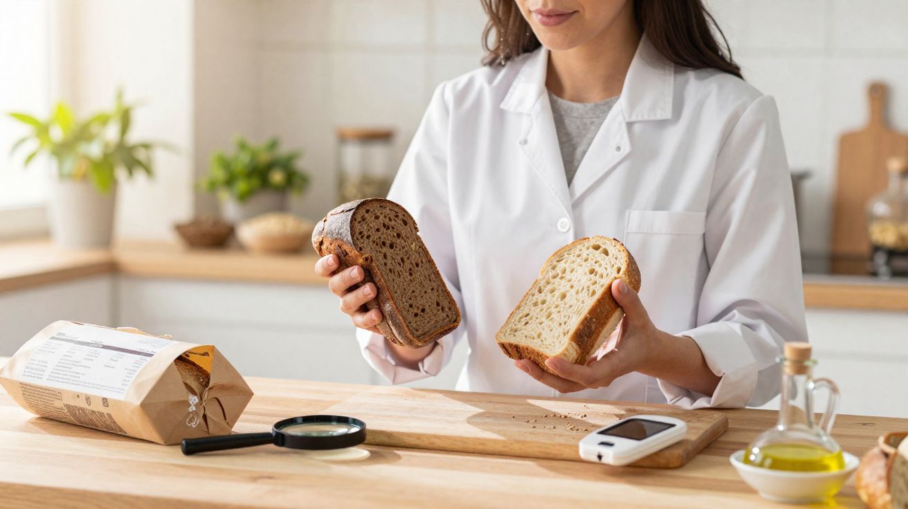 Mulher com bata branca segurando fatias de pão integral e pão branco numa cozinha.