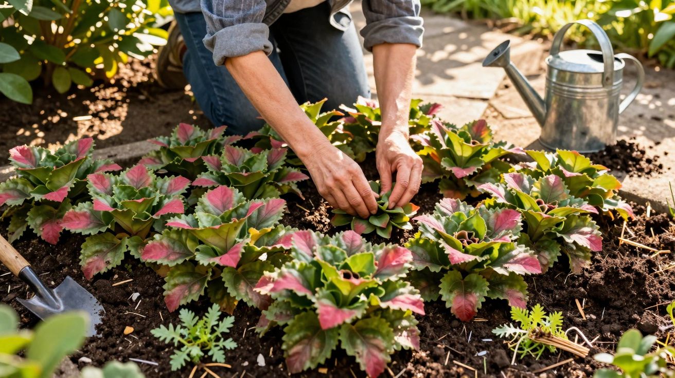 Pessoa a cuidar de plantas com folhas verdes e vermelhas num jardim, com regador e enxada ao lado.
