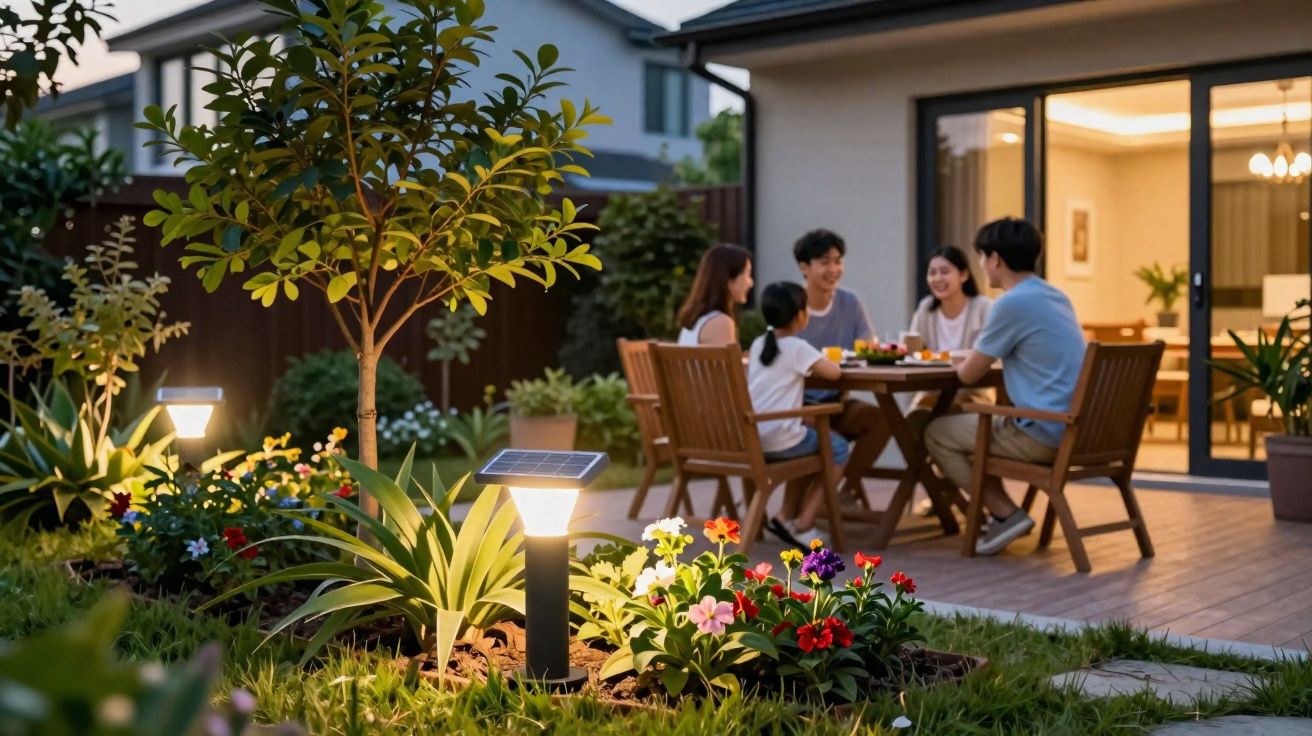 Família reunida à mesa no terraço de uma casa com jardim e iluminação exterior solar ao anoitecer.