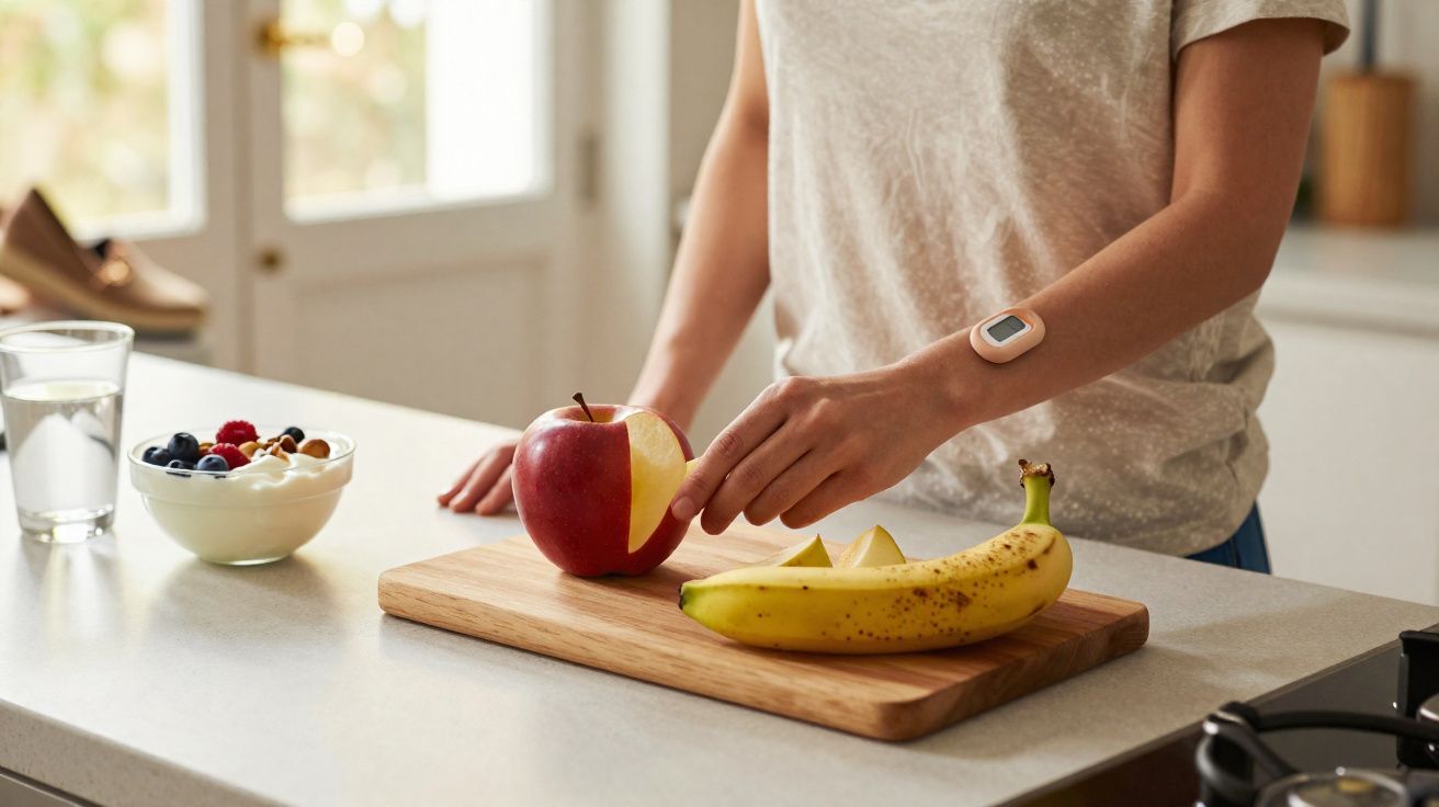 Pessoa a cortar maçã numa tábua de cozinha com banana, iogurte com frutos vermelhos e copo de água ao lado.