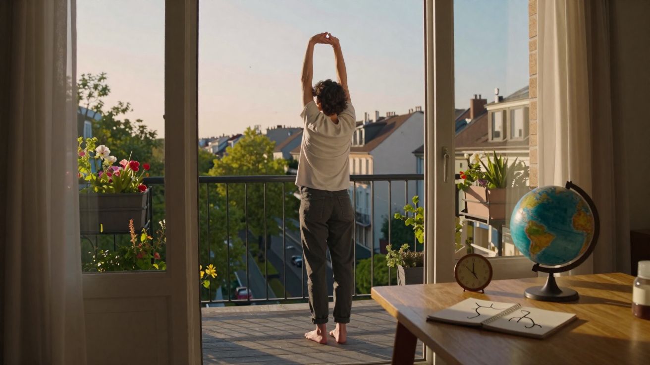 Pessoa de pé numa varanda a alongar-se, com plantas e decoração numa mesa ao lado.