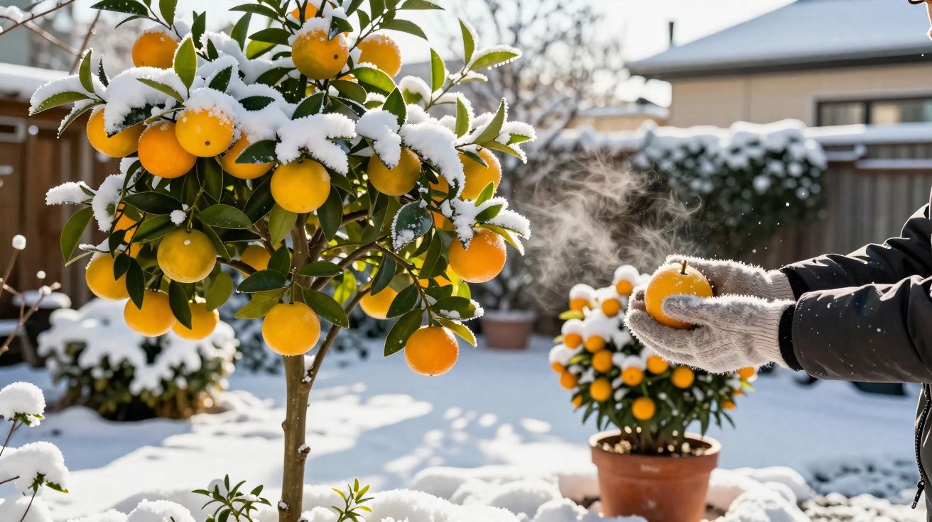 Árvore de citrinos com frutos cobertos de neve e pessoa a segurar uma tangerina a vapor frio no jardim.