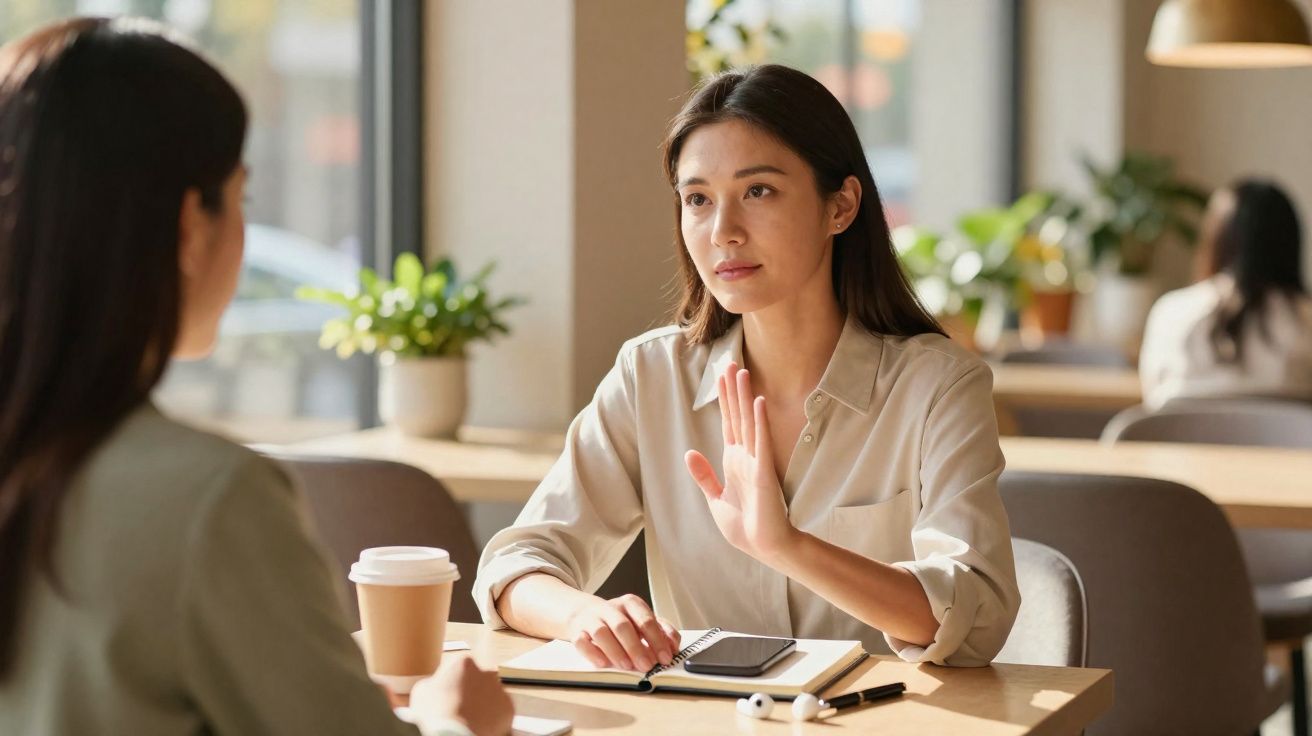 Mulher a recusar conversa com gesto de mão levantada sentada à mesa num café com outra pessoa.