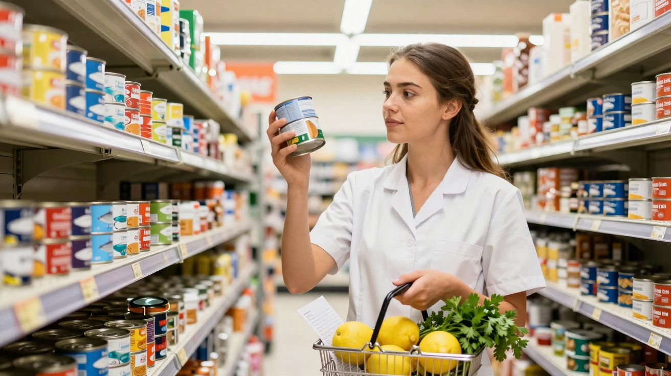 Mulher a segurar lata e carrinho com legumes numa prateleira de supermercado.