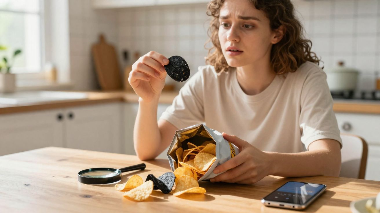 Mulher com expressão de preocupação segura batata frita preta sentada à mesa com sacos de batatas e telemóvel.