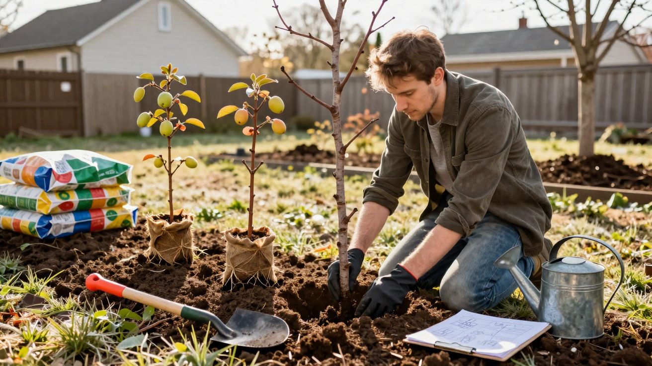 Jovem a plantar árvore no jardim com ferramentas, regador e sacos de terra ao lado.