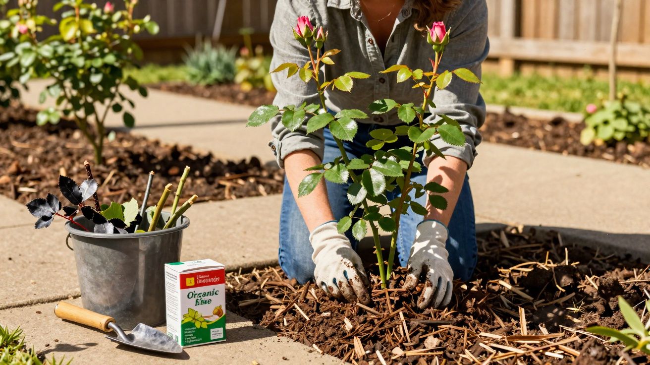 Pessoa a plantar uma rosa com luvas num jardim, com utensílios de jardinagem ao lado.