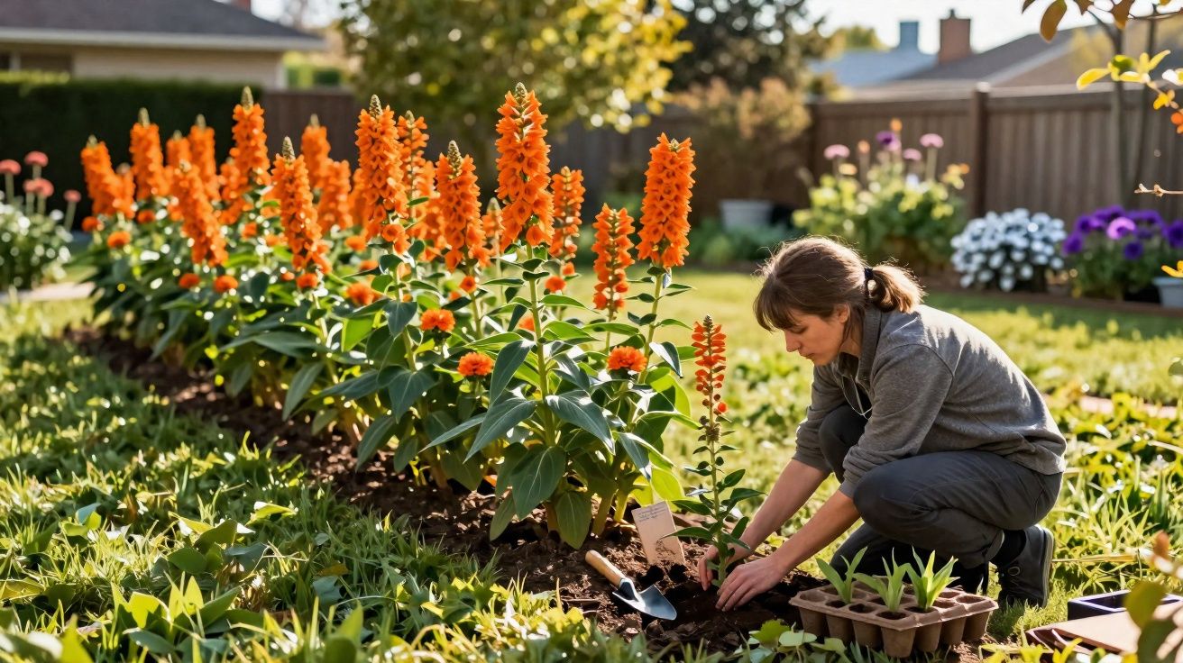Mulher a plantar flores laranja num jardim ensolarado com ferramentas de jardinagem ao lado.