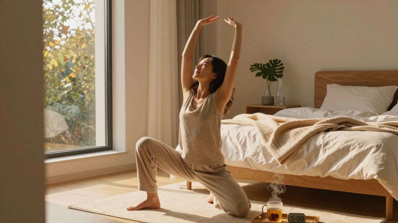 Mulher faz exercício de alongamento junto a janela numa quarto iluminado e minimalista.