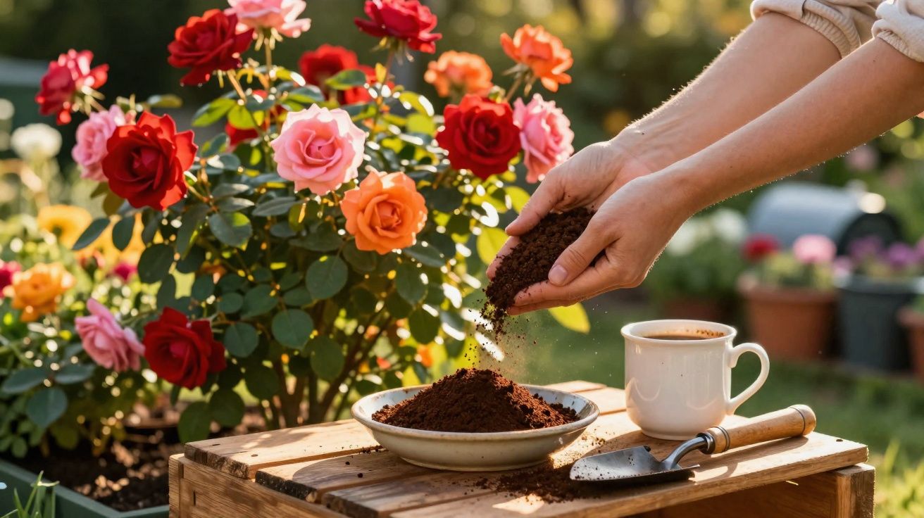 Mãos a colocar terra num prato sobre uma caixa de madeira, com rosas coloridas ao fundo e uma chávena branca.
