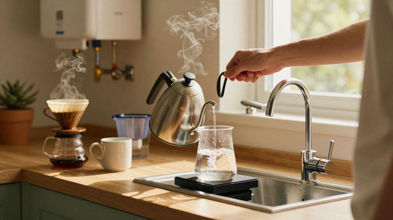 Mão a verter água a ferver de bule para jarro numa cozinha luminosa com cafeteira e chávenas.