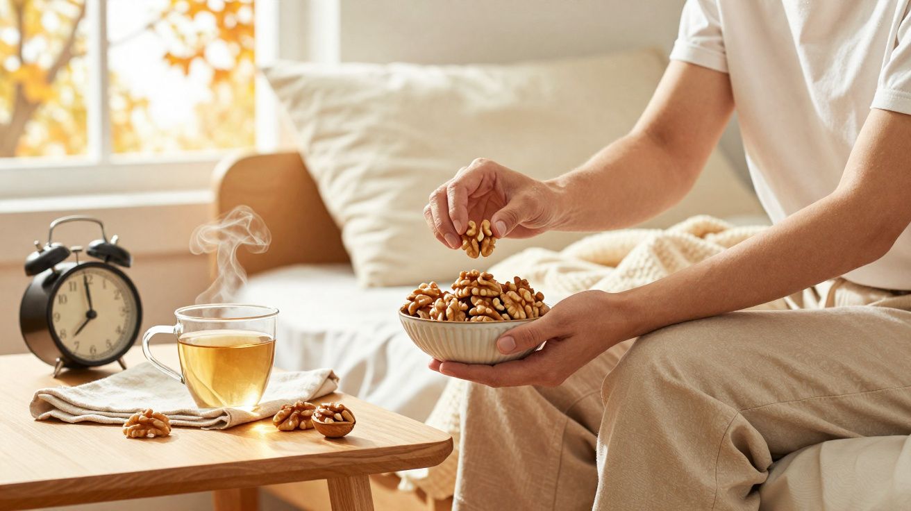 Pessoa sentada a comer nozes num prato, ao lado de chá quente e um relógio num ambiente acolhedor.