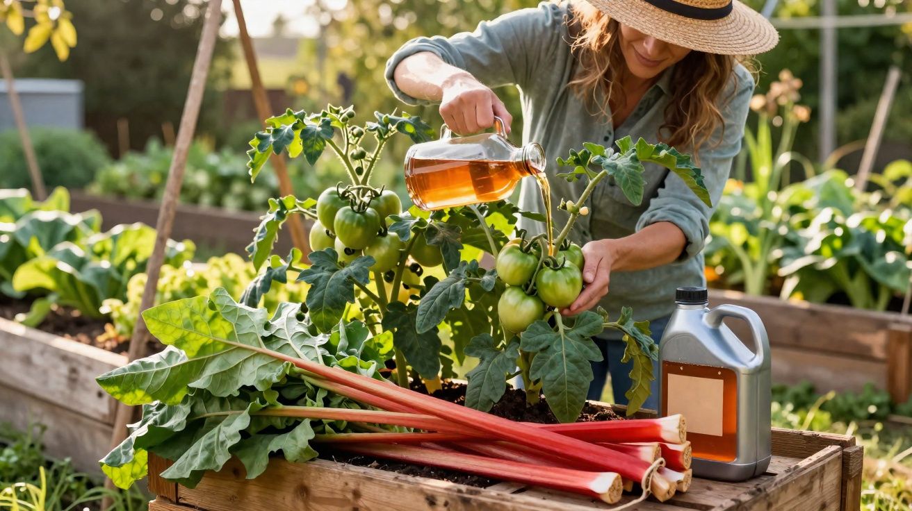 Mulher a regar plantas de tomate num jardim biológico com colher de chá e legumes frescos ao lado.