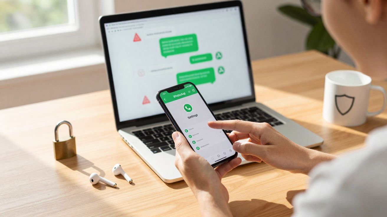Pessoa a usar telemóvel com WhatsApp aberto, computador portátil e candado metálico numa secretária de madeira.