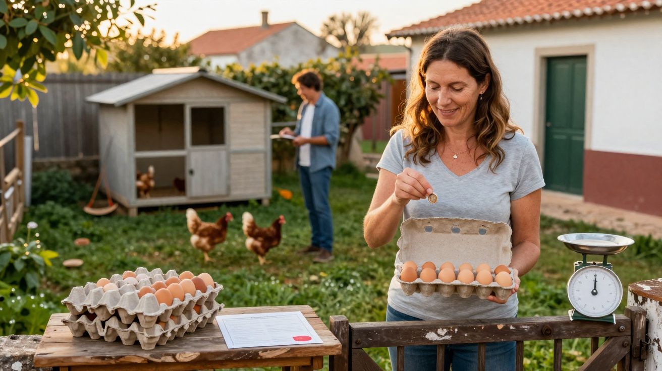 Mulher a recolher ovos frescos no galinheiro, com homem a verificar lista ao fundo.