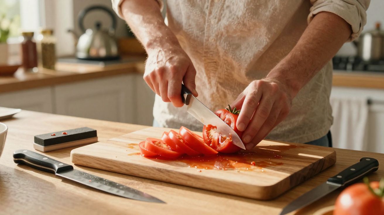Pessoa a cortar tomate em rodelas numa tábua de madeira numa cozinha iluminada.